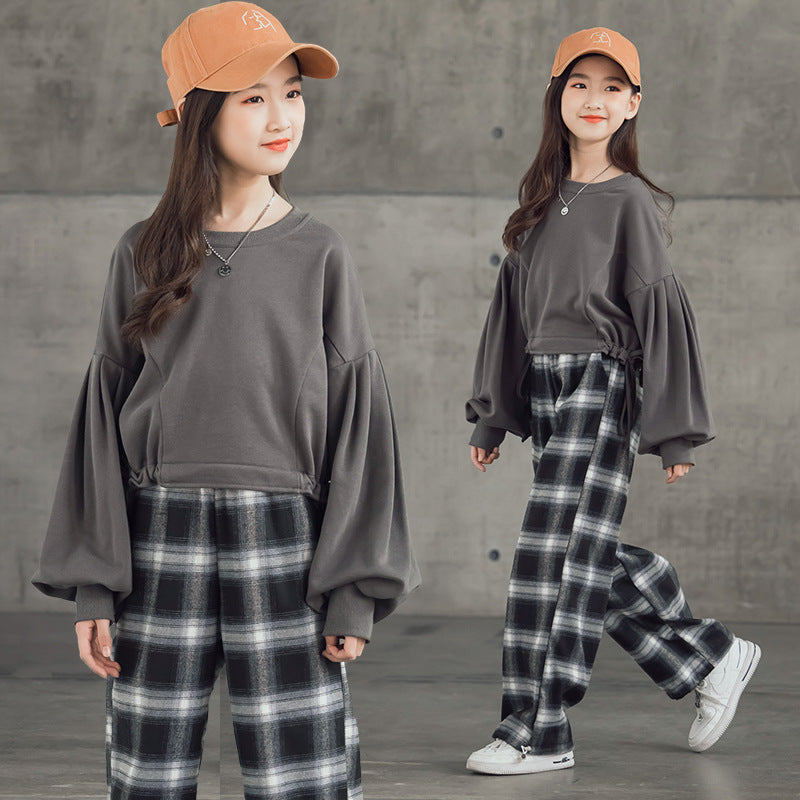 Girls Korean Plaid Pants Set