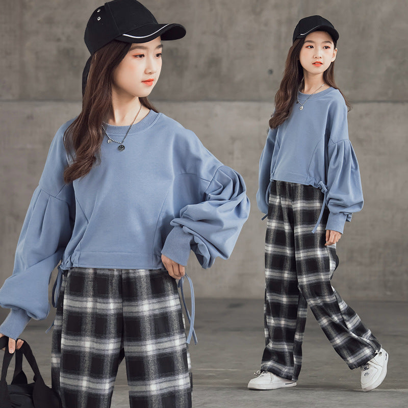 Girls Korean Plaid Pants Set