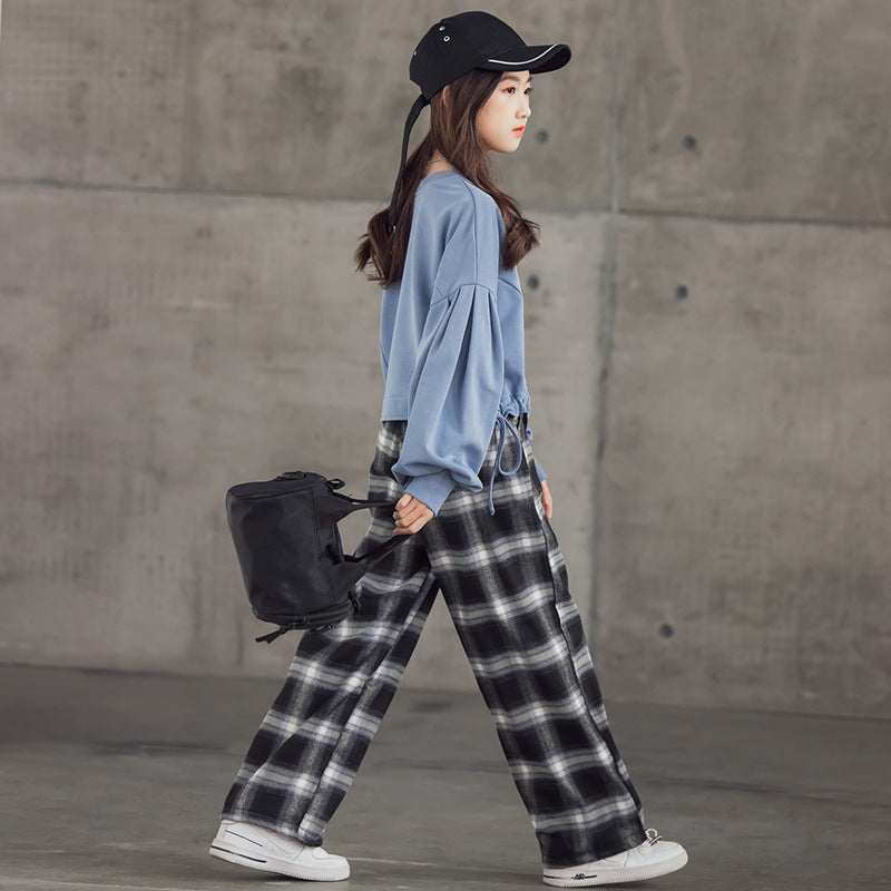 Girls Korean Plaid Pants Set